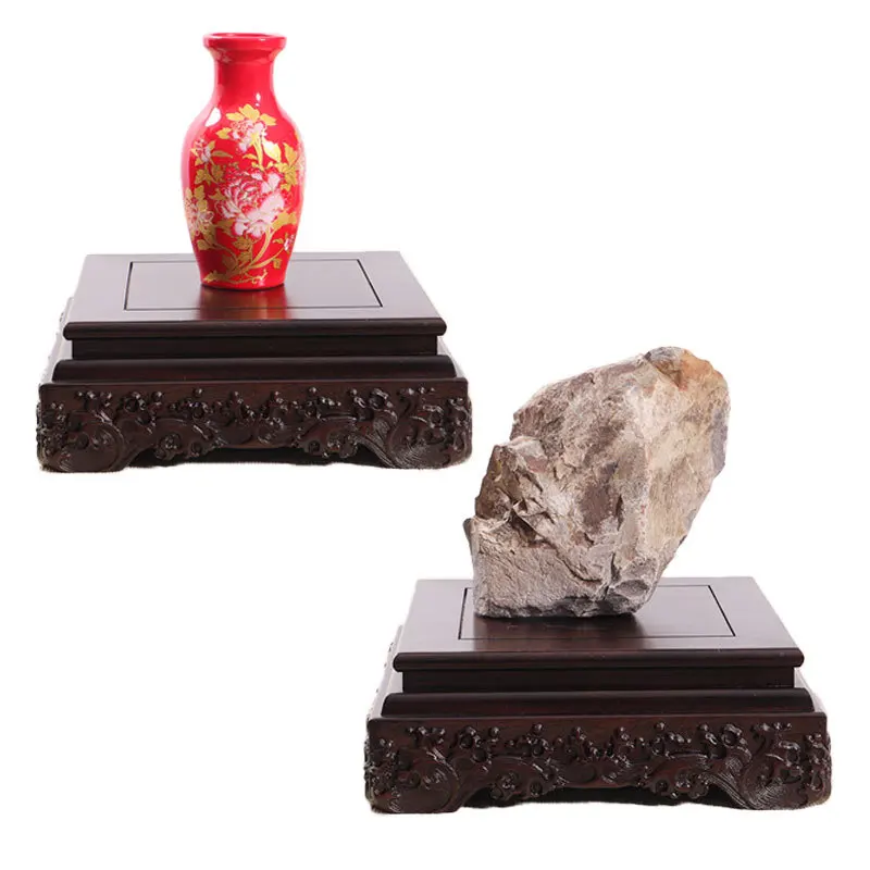 Black Sandalwood Rectangular Square Base with Carved vases, Bonsai Buddha Statue Decorations, Jade, Solid Wood Brackets