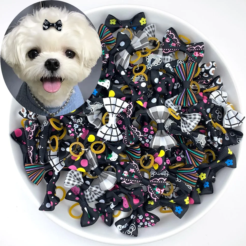 Set Cute Yorkie Pet Bows Small Dog Grooming Accessories Rubber Bands Puppy Cats Black White  Plaid Dogs Bows Headwear Pet Items 2