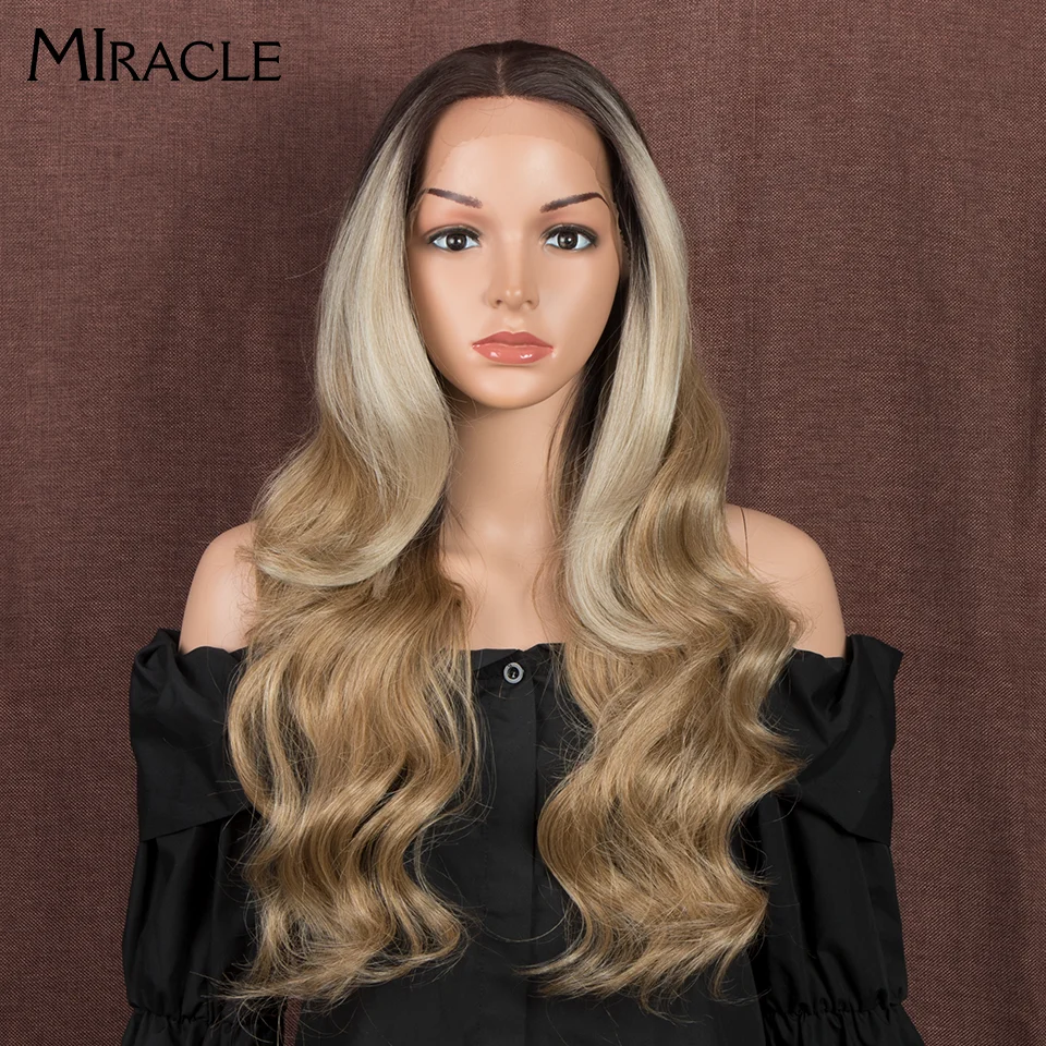 

MIRACLE Body Wave Synthetic Lace Wig Ombre Brown Blond Wigs For Black Women 26 Inch Synthetic Cosplay Wig High Temperature Hair