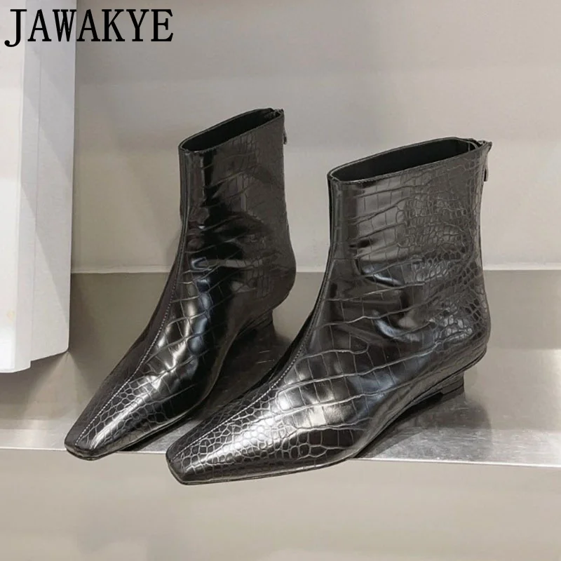 

Snake Pattern Black Leather Chelsea Boots Women Square Toe Small Wedge Heel Short Boots Women Autumn Fashion Dress Shoes
