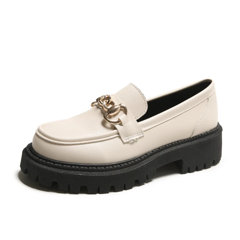 Chunky Loafers Women Genuine Cow Leather Platform Shoes Round Toe Metal Chain Slip on Ladies Flats Handmade 2023 6
