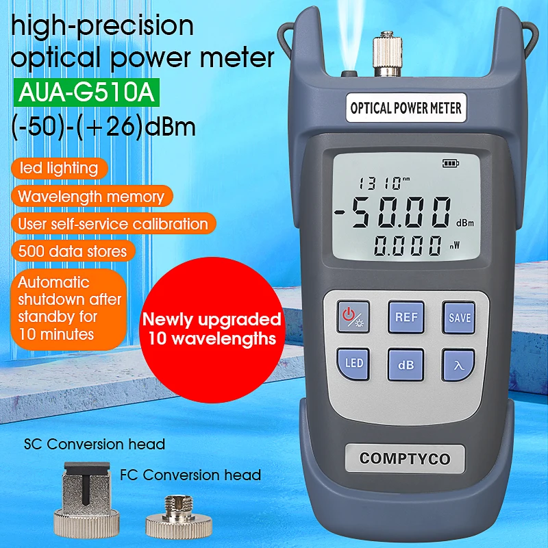 

AUA-G510A/G710A Optical Power Meter (Built-in LED Lighting) FTTH Fiber Optical Cable Tester -50~+26dBm/-70~+10dBm SC FC Adapter