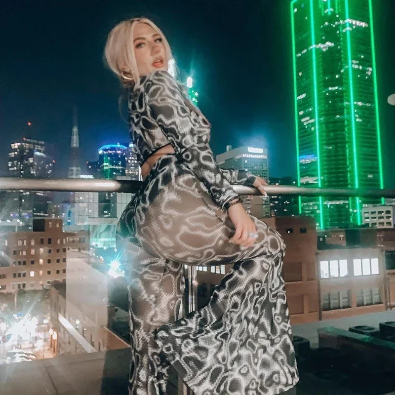 2024 New  Balck Mesh Water Ripples Floral-Print Casual Pants for Women High Waist See Through Flared Trousers  Streetwear Women