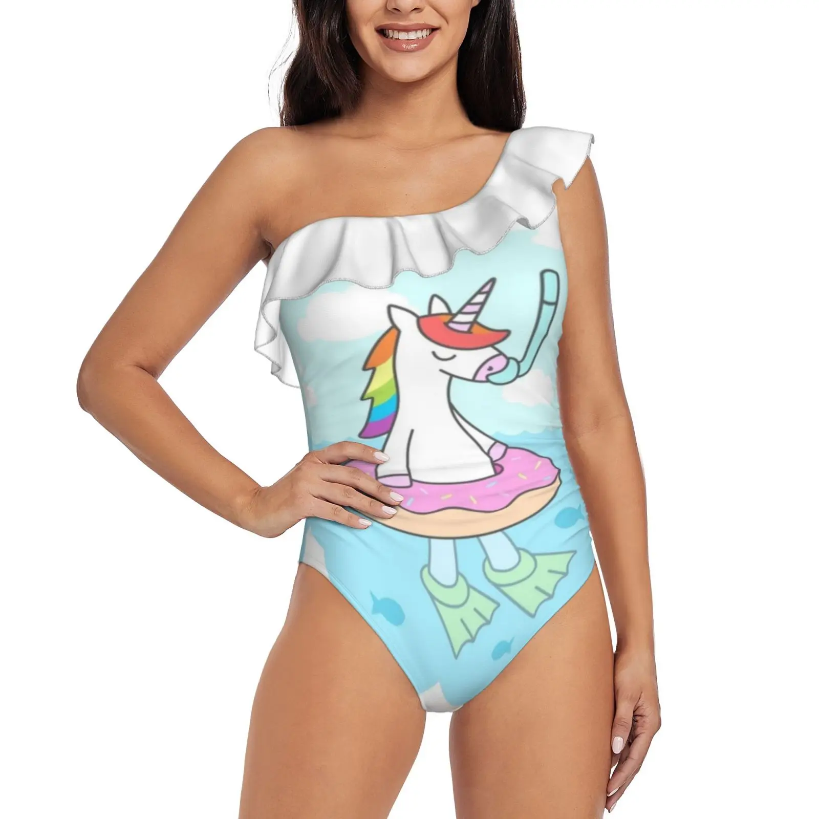 

Unicorn Dive One Piece Swimsuit Women Ruffle Monokini Shoulder Swimsuit Bathing Suit Swim Wear Unicorn Summer Beach Fantasy