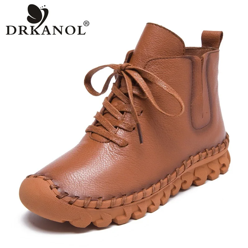 

DRKANOL Classics Handmade Sewing Ankle Boots For Women Winter Warm Shoes Quality Genuine Leather Soft Flat Comfort Short Boots