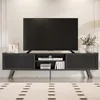 Black TV Stand for 65 70 Inch TV, Modern Iron Rattan TV Console with Sliding Door, Entertainment Center with Storage 1