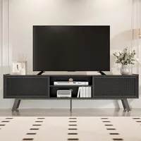 Black TV Stand for 65 70 Inch TV, Modern Iron Rattan TV Console with Sliding Door, Entertainment Center with Storage 1