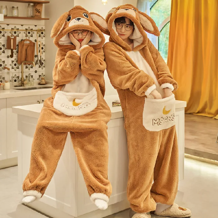 Kigurumi-Pyjama Kangourou pour Femme et Homme, Vêtements de Nuit Chauds pour Couple, Onesie Épaisse, Combinaisons Mignonnes, Animaux de Dessin Animé, Vêtements de Détente d'Hiver