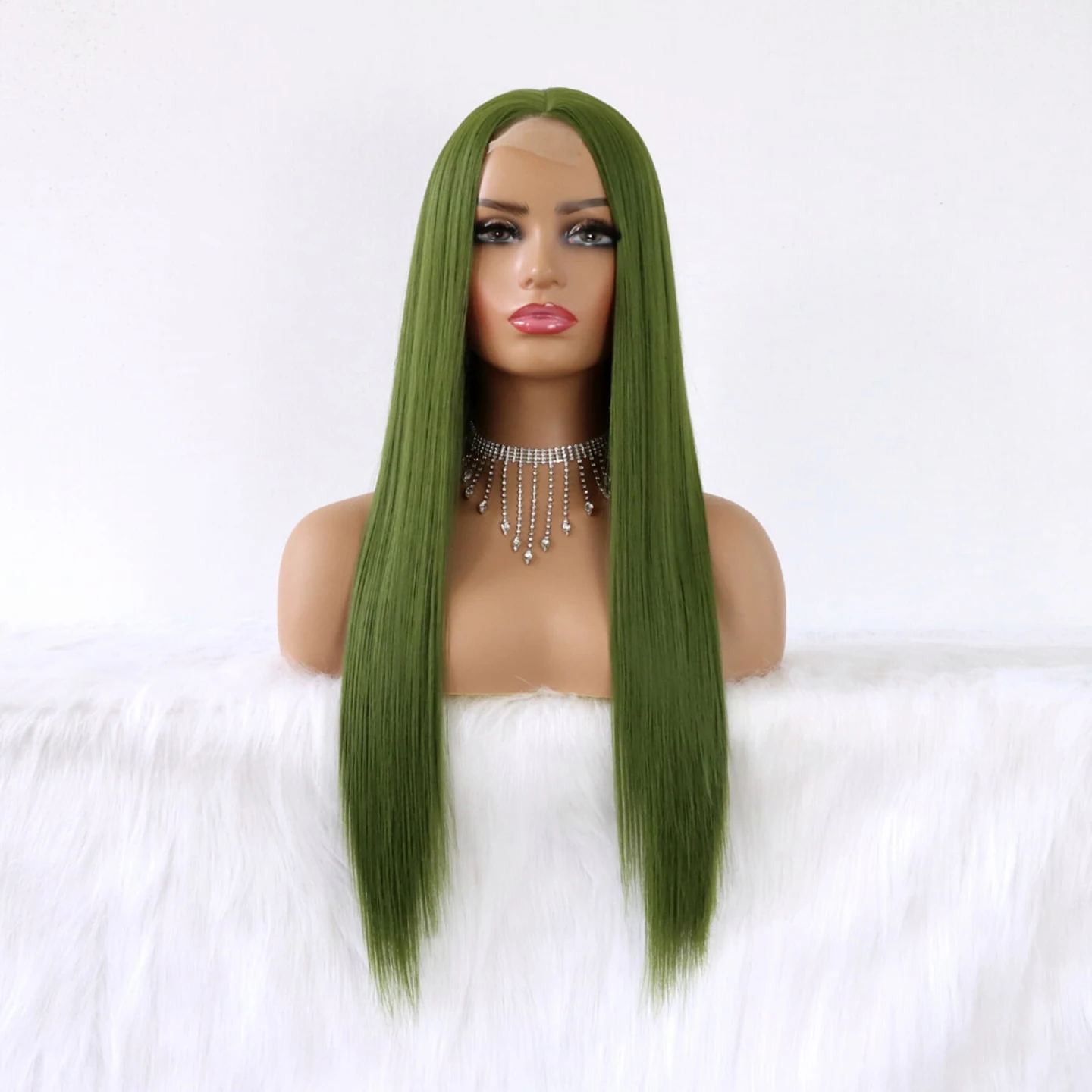Stunning Olive Green Long Straight Synthetic Hair Wig 24 Inch Matcha Green T Part Lace Front Wig Heat Resistant Synthetic Fiber
