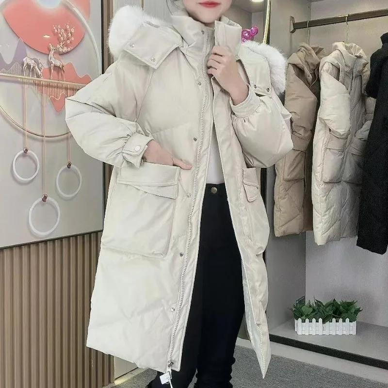 2023 New Women Down Jacket Winter Coat Mid Length Version Parkas Loose Thick Outwear Hooded Fur Collar Leisure Time Overcoat new winter women s down jacket fashion fox fur collar white duck down thick coat women outdoor leisure mid length cotton jacket