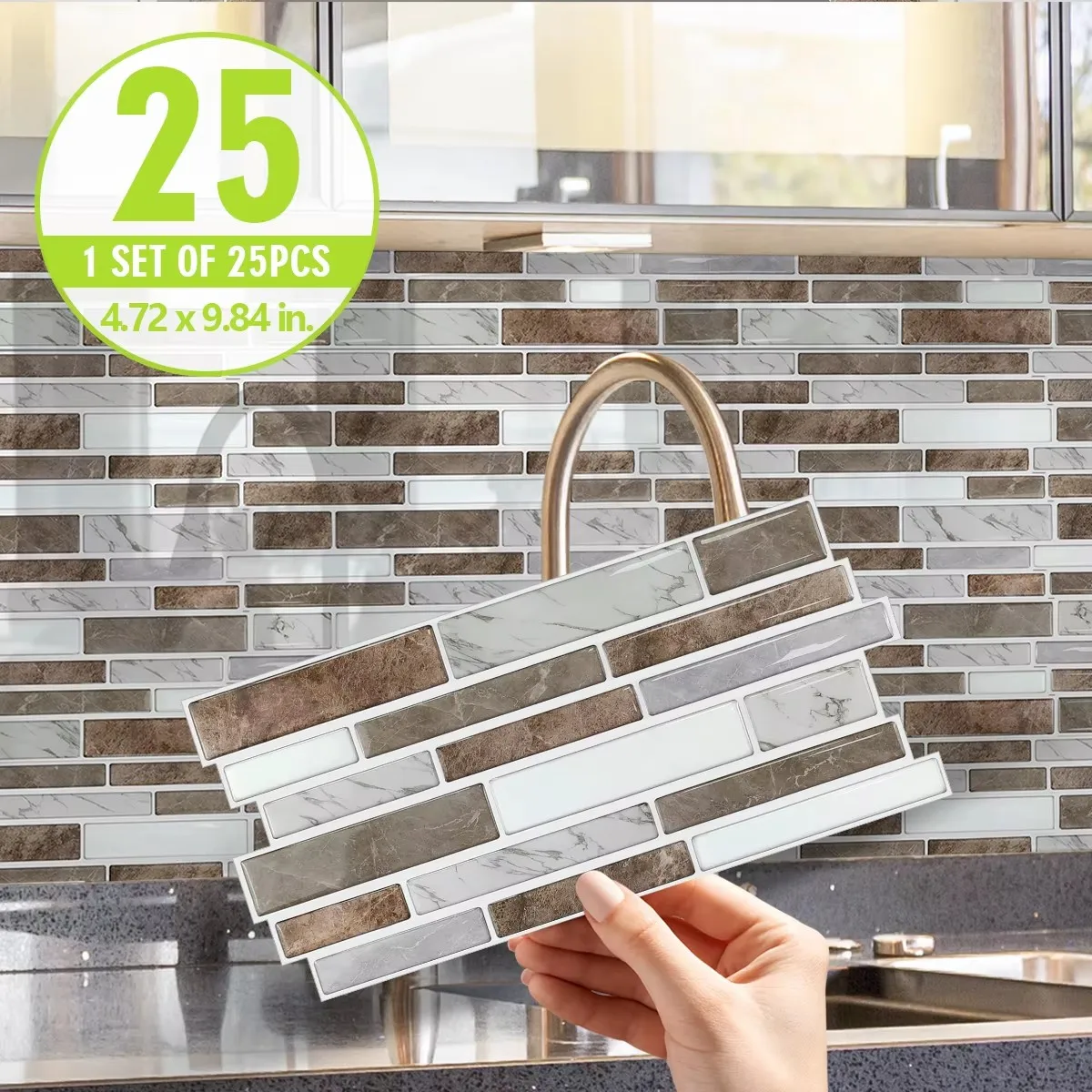 Description Picture 2 of item25PCS Crystal Kitchen Wall Sticker with Earth Brown, Gray, White Marble Tile Marble Pattern 3D Effect Crystal Kitchen Stickers