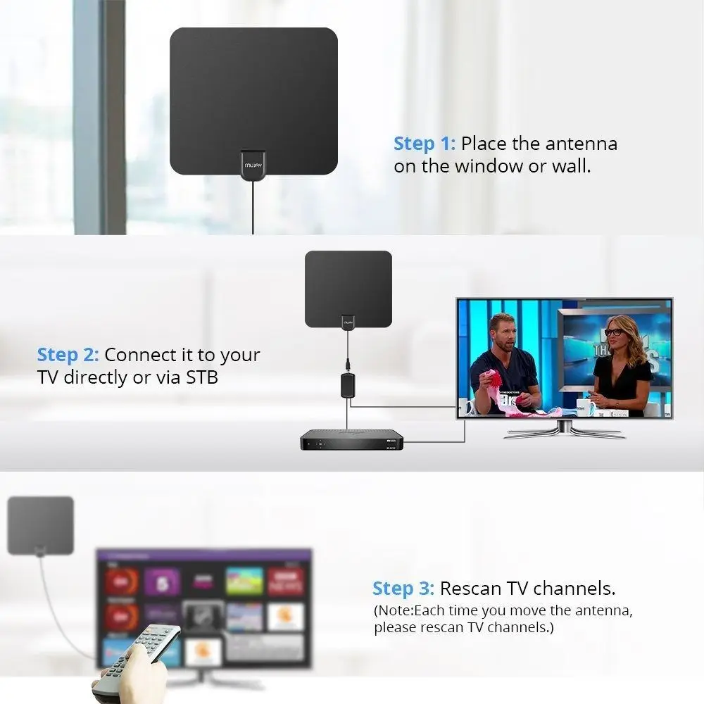Antenne TV Numérique Intérieure HDTV - Portée 210 Km - 1080p/4K - Signal Intelligent - Compatible TNT/DTMB - Noire