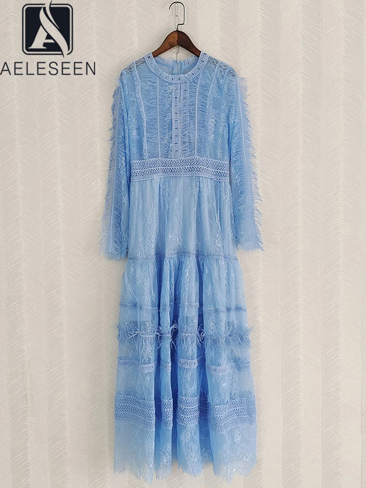 

AELESEEN Women Blue Long Dress Designer Fashion Autumn New Tassel Feathers Hollow Out Mesh Claret Eleagnt Party Holiday