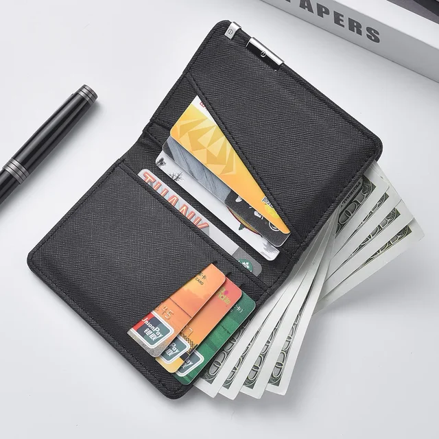 Black Faux Leather Slim Business-Style Wallet with Multiple Card Slots Credit Card & Driver's License Holder Geometric Design