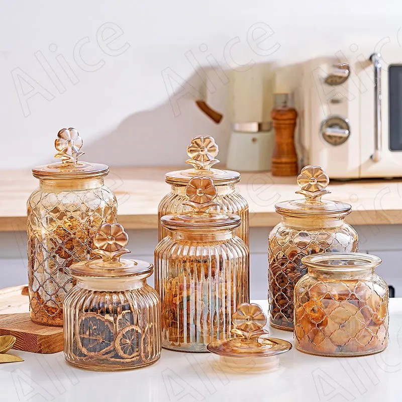 Modern Glass Storage Jar Kitchen Desktop Grid Relief Grain Dispenser Art  Floral Decorative Candy Seal Jars Home Decoration