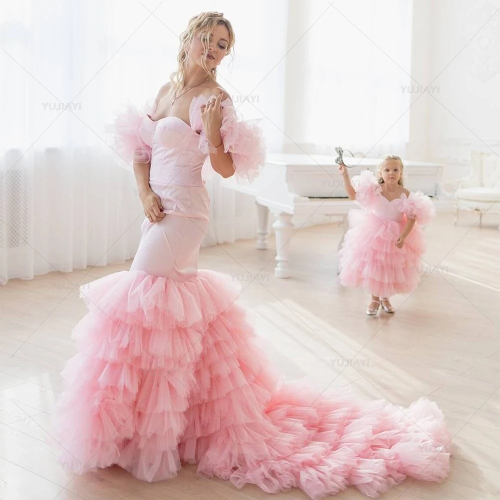 

Pink Mermaid Gown Mommy and Me Photoshoot Dress Extra Puffy Tulle Ruffle Princess Dresses Mom and Me Birthday Party Prom Gowns