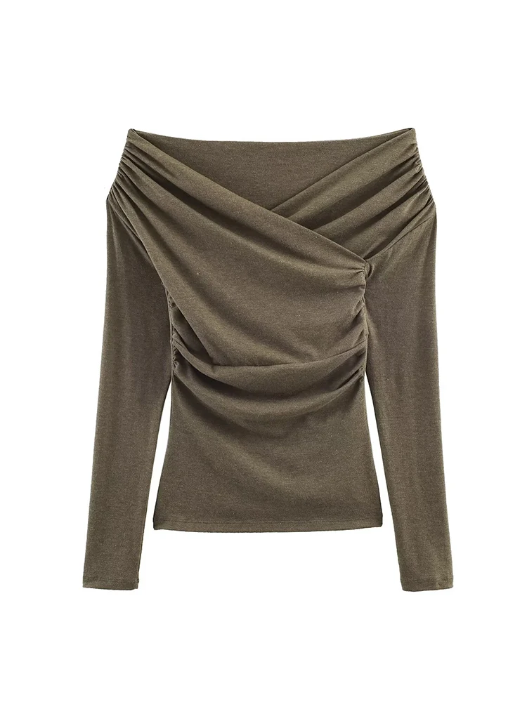 Spring Autumn Women Long Sleeve T-shirt 2026 New Solid Casual Fashion Slimming Folds Design Tops Ladies Chic Elegant Tees