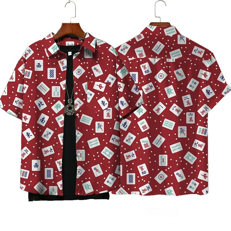 Hip Hop Mahjong Graphic Blouses Red Mah-jongg 3D Printe Shirts For Men Clothes Casual Short Sleeve Streetwear Male Boy Lapel Top 3