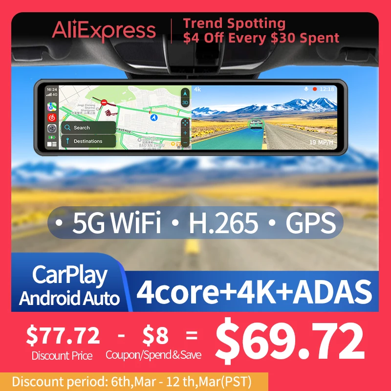 12 Inch Dash Cam Rearview Mirror Camera CarPlay Android Auto ADAS Car