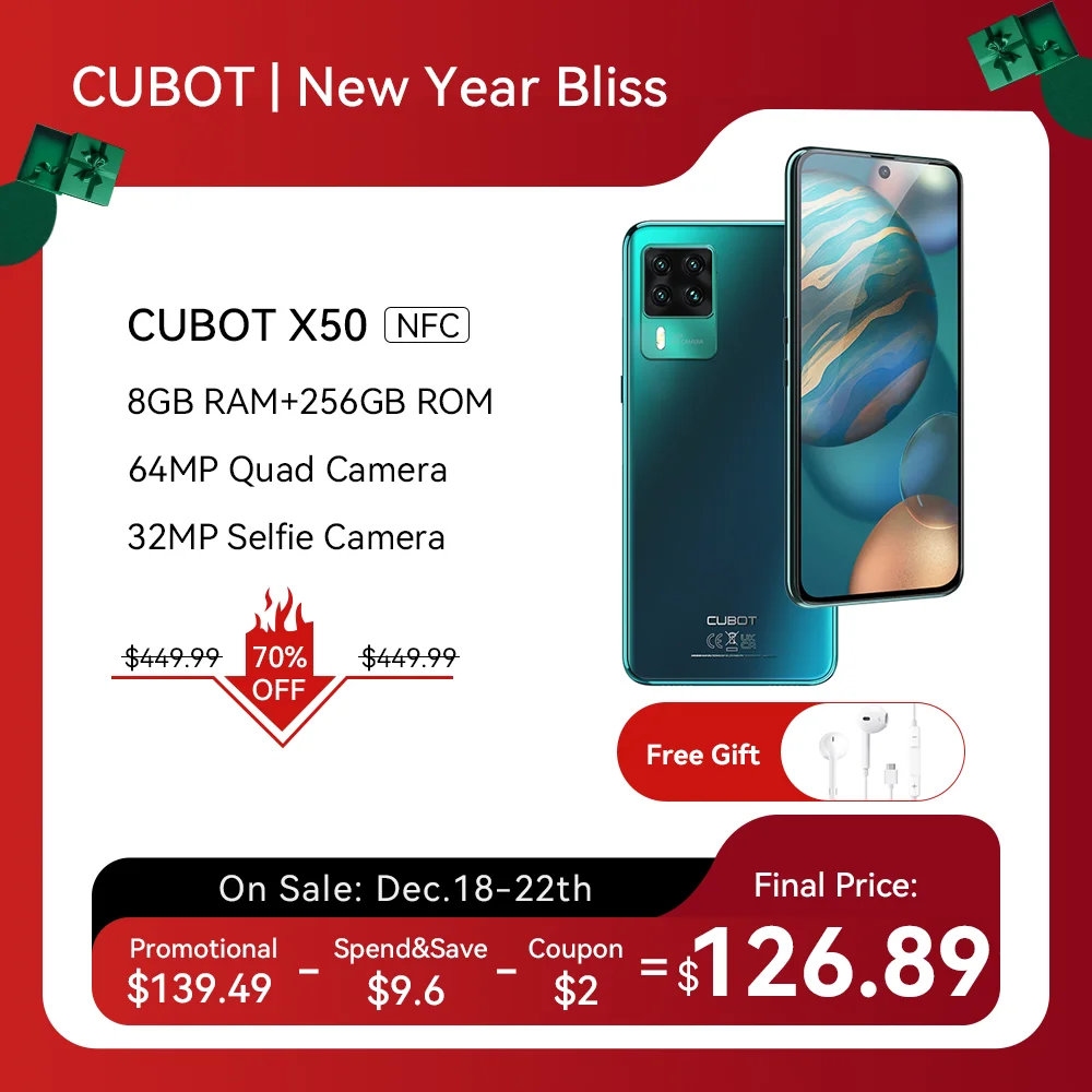 Cubot X50, 256 ГБ Встроенная память 8 Гб Оперативная память 64MP Квадрокамера 6,67 