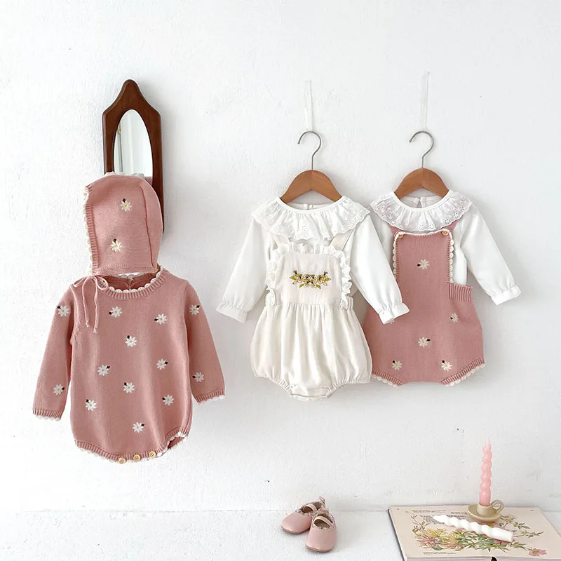 Cute Embroidered Flowers Baby Girls Overalls Bodysuit