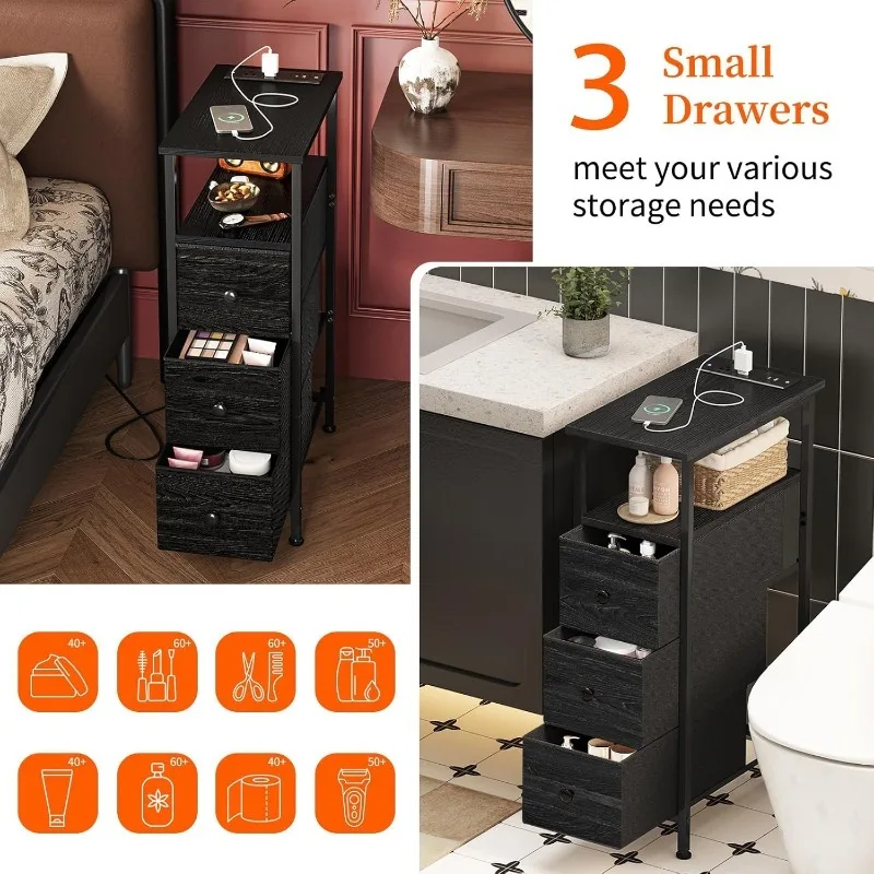 Narrow Side Table with Charging Station, Small Nightstand with 3 Fabric Drawers, Skinny Bedside Table, Slim End Table for 6