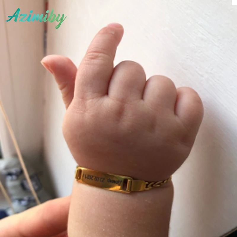 

Azimiby Personalize Baby Kid Name Bracelet Stainless Steel Smooth Bangle Link Gold Color No Fade Safty Engrave Birthday Jewelry