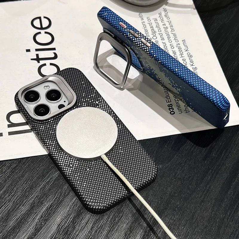 Magnetic Charging Phone Case with Alloy Lens Holder - Carbon Fiber Pattern, Drop Resistant Design