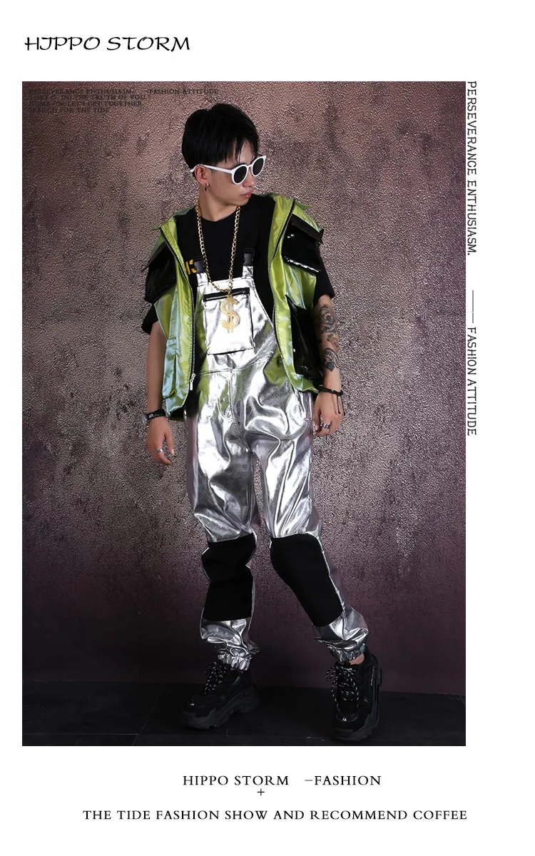 Men Streetwear Hip Hop Punk Silver Leather Overalls Jumpsuit