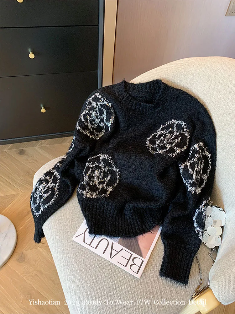 2023 Autumn Winter Black O-Neck Sweaters New Fashion Casual Knitted Top Pullovers Office Lady Oversized Jacquard Sweater Gothic