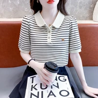 Polo Neck T Shirt for Women Striped Summer Outfit Baggy 90s Vintage Japanese Fashion Clothes Women's Clothing 2025 Woman Tshirt - Image 6