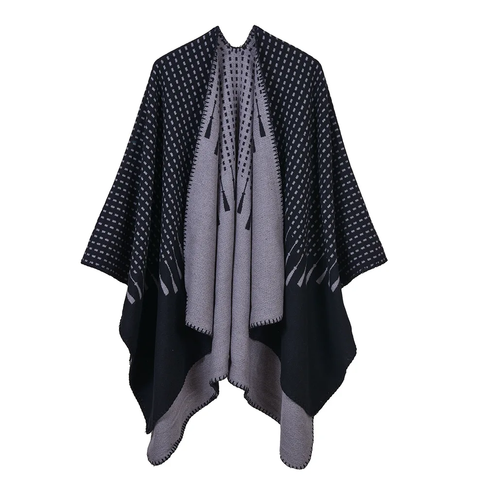 

European American Street Women's Simple Tassel Pattern Jacquard Split Two Sides Versatile Fashion Cashmere Shawl Cape Poncho