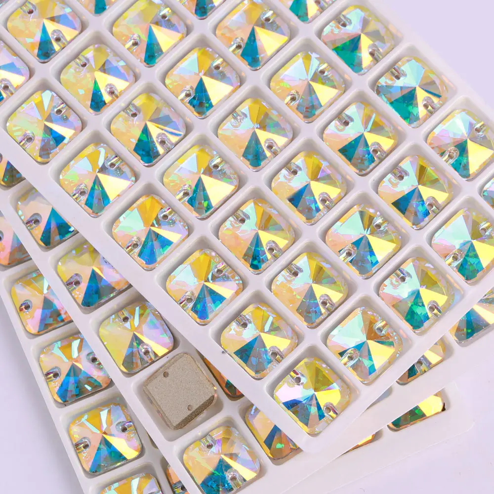 

10MM 12MM 14MM Rivoli Square Shape High Quality Glass Flatback Sew On Stones Glitter Crystal AB Rhinestones for Sewing Clothes
