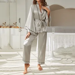 Women's Home Suit Sexy Silk Pajamas Female Set With Belt Simple Elegant Sleepwear Long Sleeves Wide Leg Pants Trouser Suits