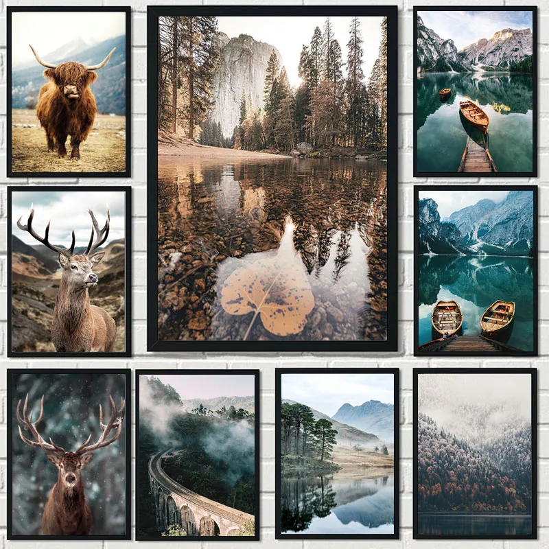 Nordic Natural Landscape Canvas Print Poster Animal Cow Deer Lake Snow Mountain Forest Railway Wall Art Painting Decor Pictures