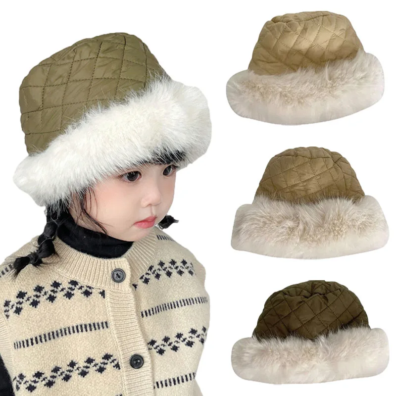 

Children's Faux Fur Bucket Hats for Boys Girls Winter Thicken Windproof Snow Bonnet Baby Fisherman Hat Cute Kid Accessories 2-4Y