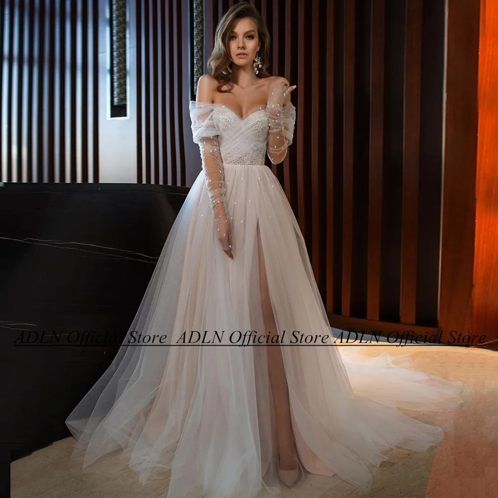 

Sexy Boho Wedding Dress Off The Shoulder Detachable Long Sleeves Dot Tulle Side Split A Line Women Bridal Gown Abiti Da Sposa