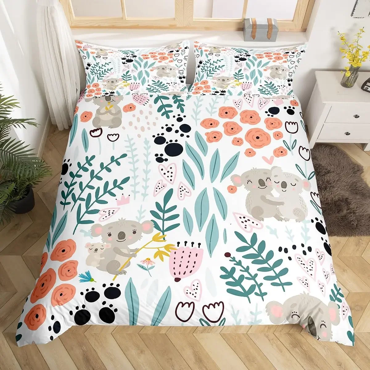 Cartoon Cute Koala Duvet Cover Women Kids Girls Teens Warm Gifts Room Decor Pink Flowers Cartoon Animal Theme Queen King Bedding 4