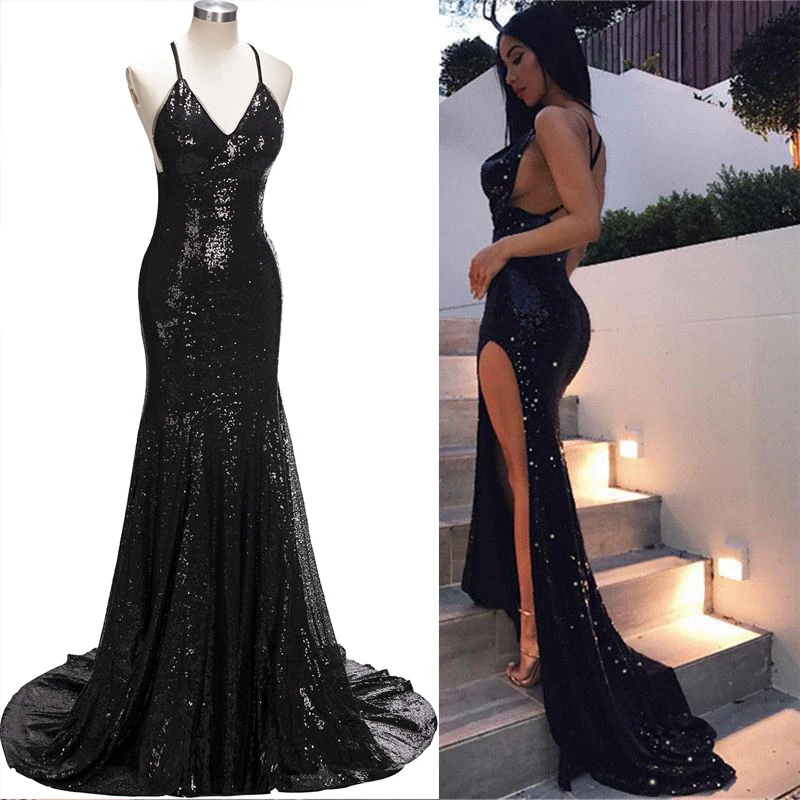 

Sexy Black High Slit Sequin Prom Dresses For Women 2023 Spaghetti Straps Mermaid Long Formal Evening Party Gowns черное платье