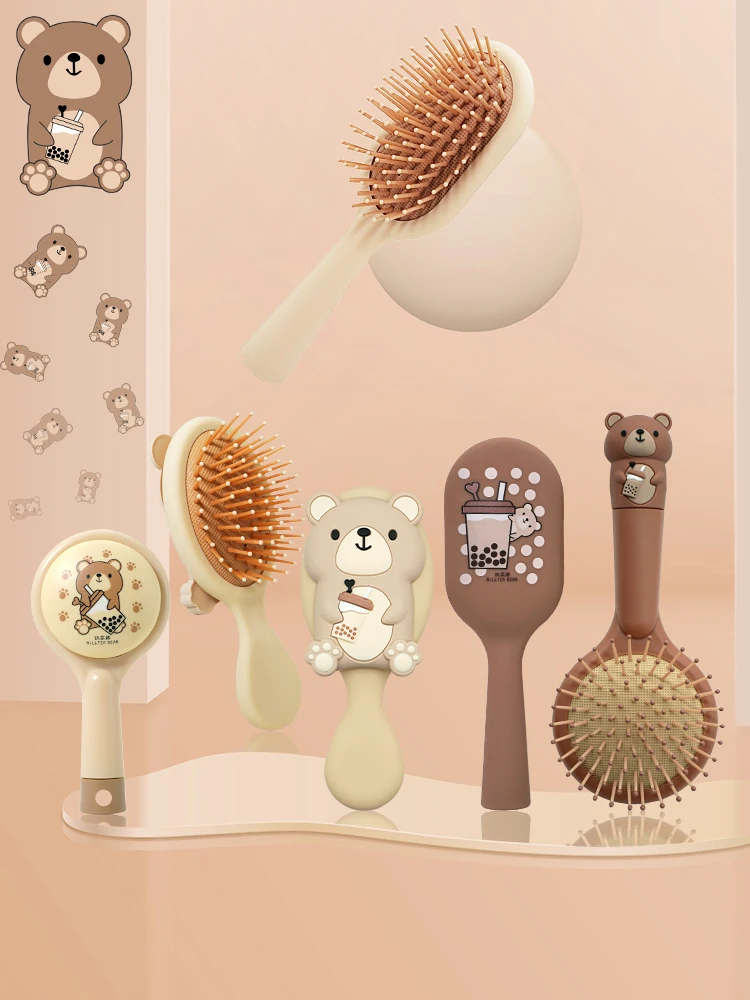 우유 차 곰 귀여운 머리 빗 정전기 방지 곱슬 머리 미니 휴대용 여행 빗 헤어 브러시 키즈 여자 빗 헤어 브러시 스타일링 도..