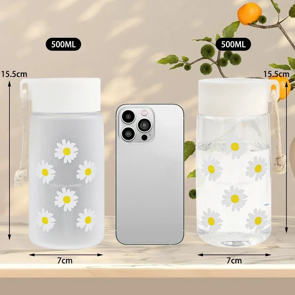Little Daisy Water Bottles Transparent Plastic Water Cup with Rope Girl Kawaii Drink Bottle Summer Frosted Cup Juice Mug