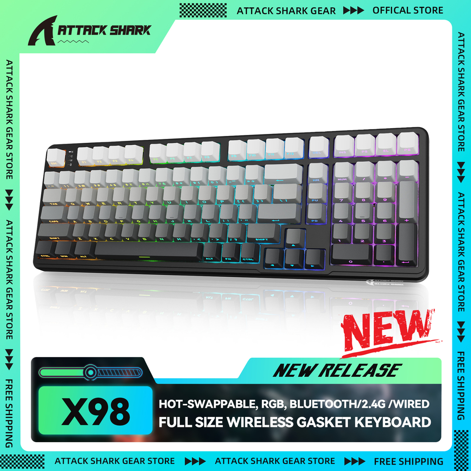 ATTACK SHARK X98 Full-size Wireless RGB Mechanical Keyboard, Gasket, Bluetooth/2.4G/Wired, Hot Swappable, NKRO, 4000mAh Battery