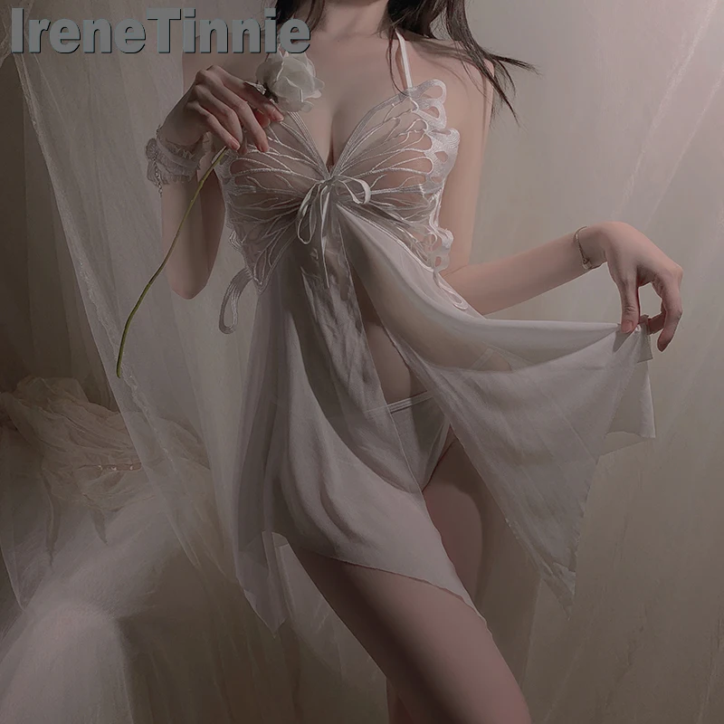 

Кружевное нижнее белье IRENE TINNIE, прозрачная фатиновая одежда для сна, Соблазнительный комплект с лямкой на шее, платье с Т-образной спинкой, пикантный пижамный комплект из 2 предметов