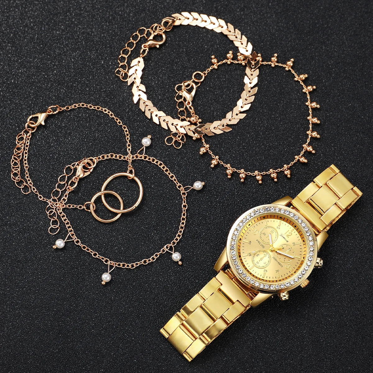 Fashion Women Golden Color Stainless Steel Quartz Watch With Bracelet Set 5PCs 3