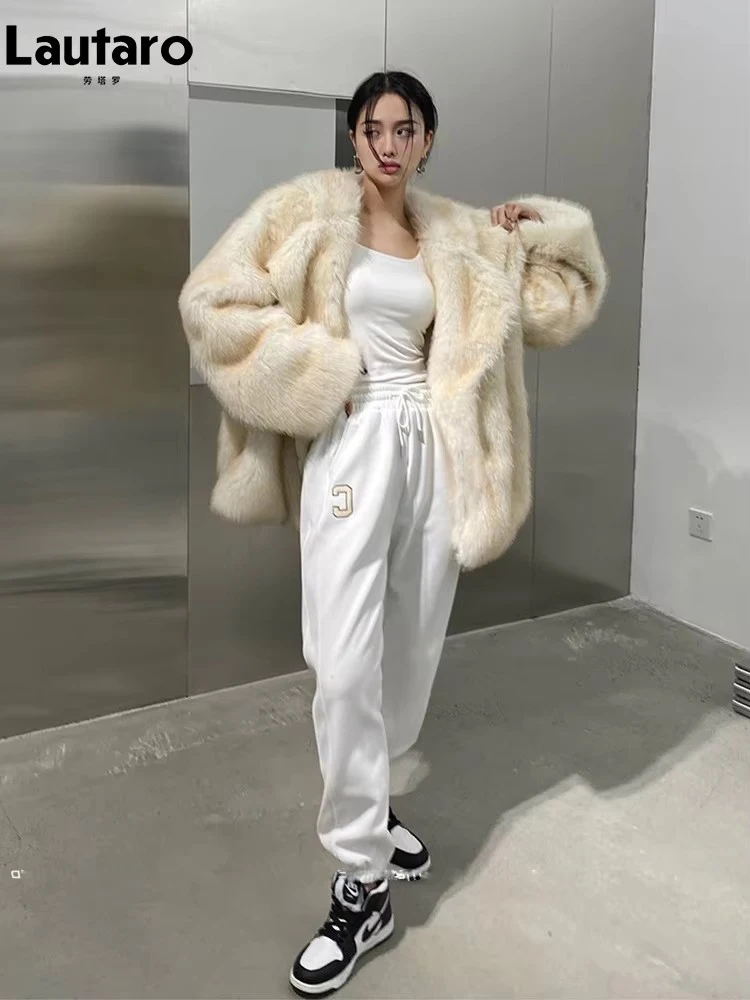 Lautaro Winter Loose Casual Thick Warm Soft Hairy Faux Fur Coat Women Luxury High Quality Furry Fluffy Jacket Korean Fashion 6
