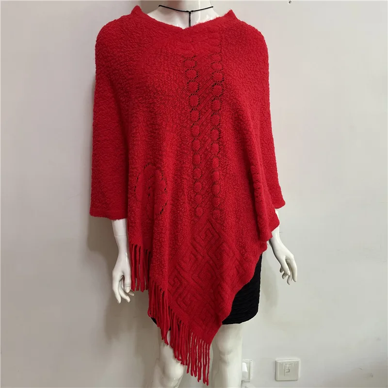 Spring Sweater Pullover Sweater Women Outer V-neck Shawl Cloak Solid Color Korean Tassel Cloak Red