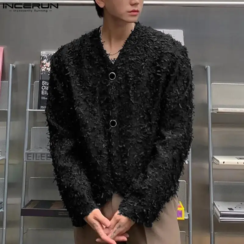 

2023 Men Blazer Plush V Neck Long Sleeve Button Streetwear Male Suits Loose Korean Style Fashion Casual Thin Coats S-5XL INCERUN