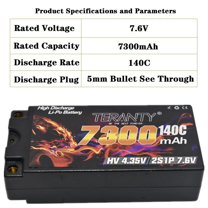 Original TERANTY Lipo Battery 2S Shorty 7 6V 7300mah 140C 280C With 5mm Graphene Bullet For