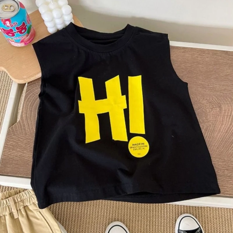 

От 2 до 7 лет Детские летние футболки без рукавов Корейская версия Детская одежда для мальчиков детские хлопковые футболки топы с надписью
