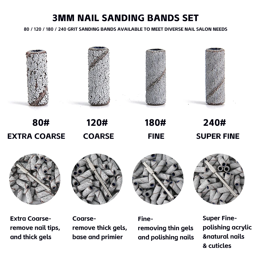 3mm Nail Sanding Bands-80/120/180/240 Grit Mini Nail Drill Bit Electric File Accessory Polishing Manicure Tool 50/100pcs